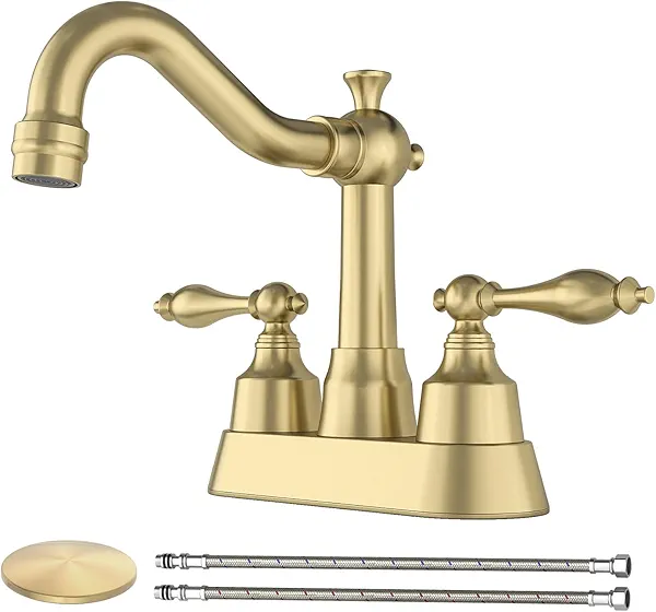 Bathroom Faucets for Sink 2 Hole，4 inch with pop-up Drain and 2 Supply Hoses,2 Handle 304 Stainless Steel Bathroom Faucet. (Gold)