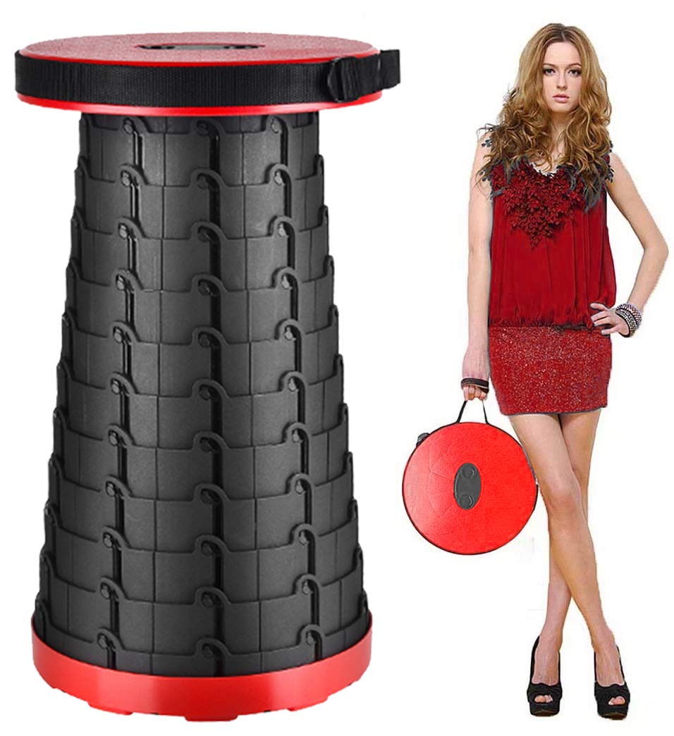 Gerymu Retractable Folding Stool, Portable Telescoping Stool Can Hold 330 lb, Camping Stool Seat for Fishing, Office, Garden, Travel (Red)