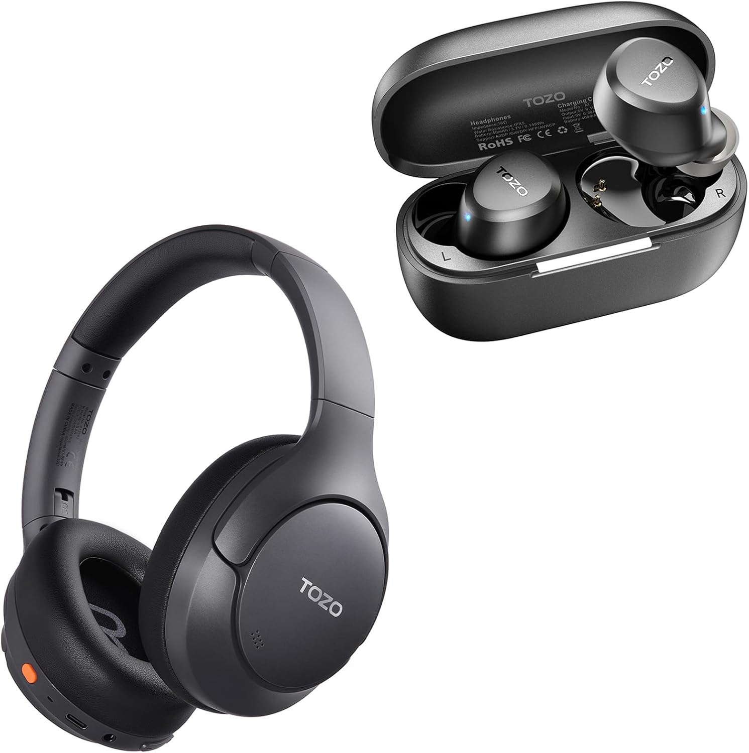 TOZO HT3 Hybrid Noise Cancelling Headphones, 90H Playtime Wireless Over Ear Bluetooth Headset, A1 Wireless Earbuds Bluetooth 5.3 Light Weight in Ear IPX5 Waterproof Headphones 2 Mic for AI Calls