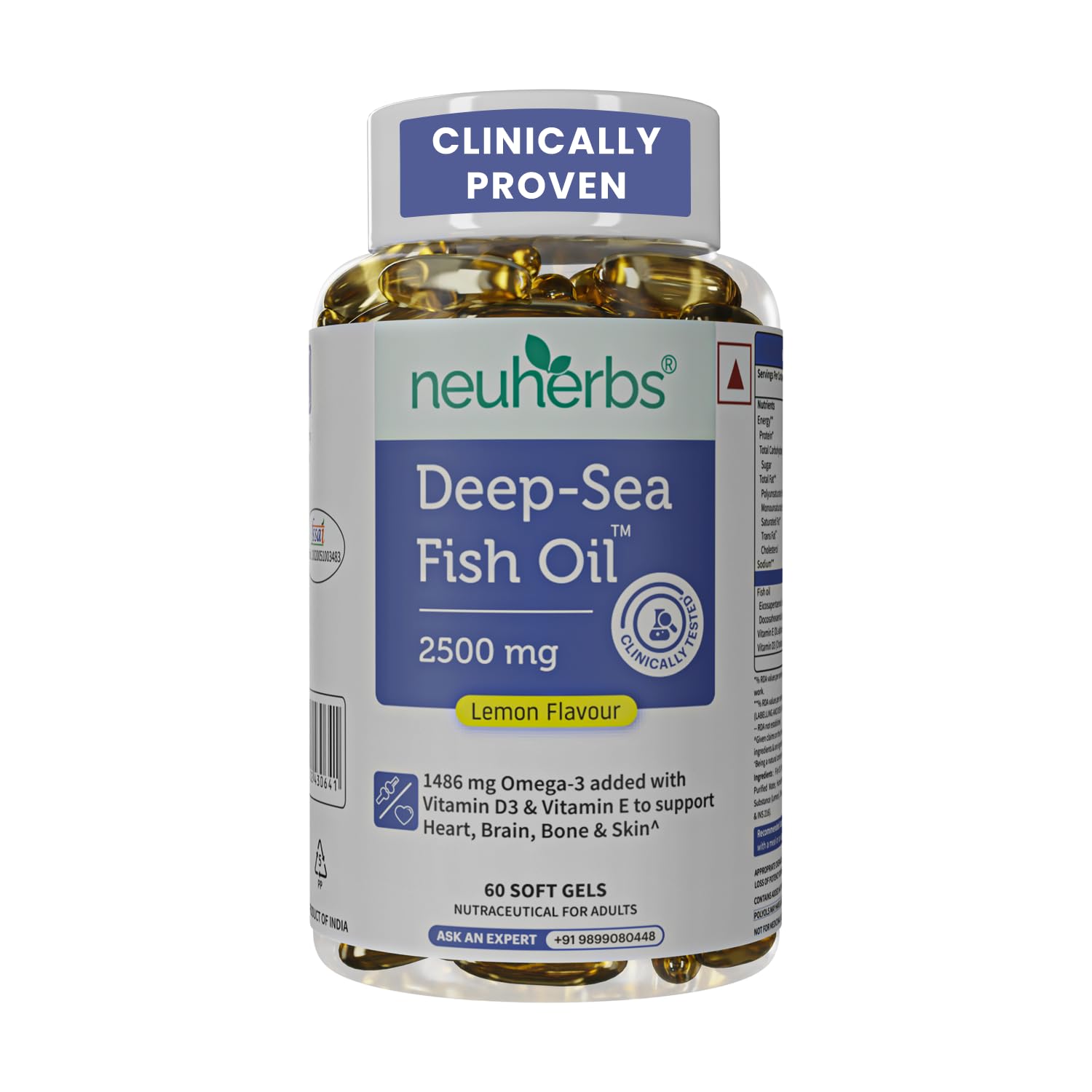 neuherbs deep sea omega 3 fish oil - omega 3 supplement triple strength 2500 mg (essential fatty acid combination of 1486 mg 892 mg epa 594 mg dha/serving), lemon flavour- 60 softgel for men & women