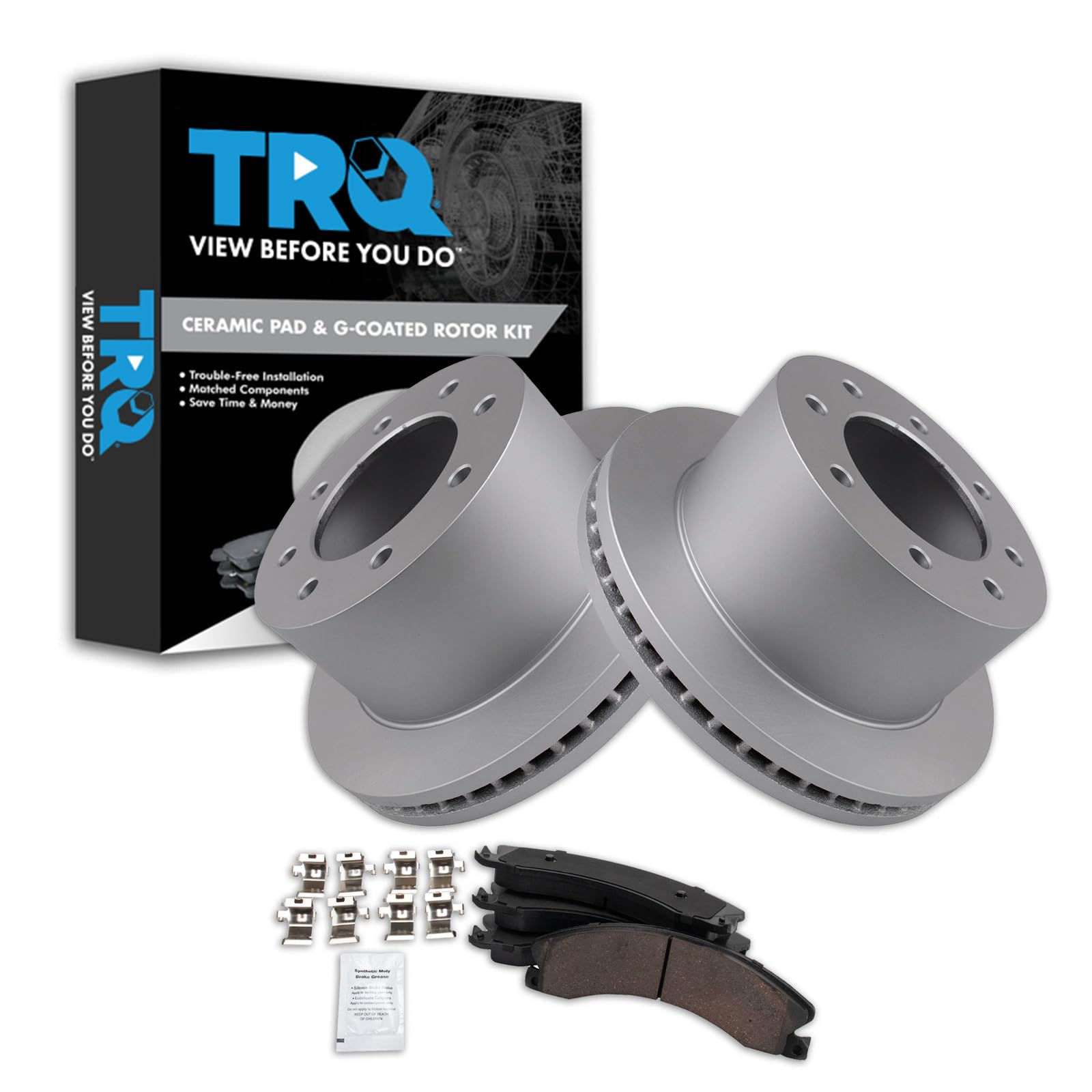 TRQ Rear Brake Pad &amp; Rotor Kit Ceramic Premium G-Coated Compatible with 2011-2019 Chevrolet Silverado 3500 HD GMC Sierra 3500 HD