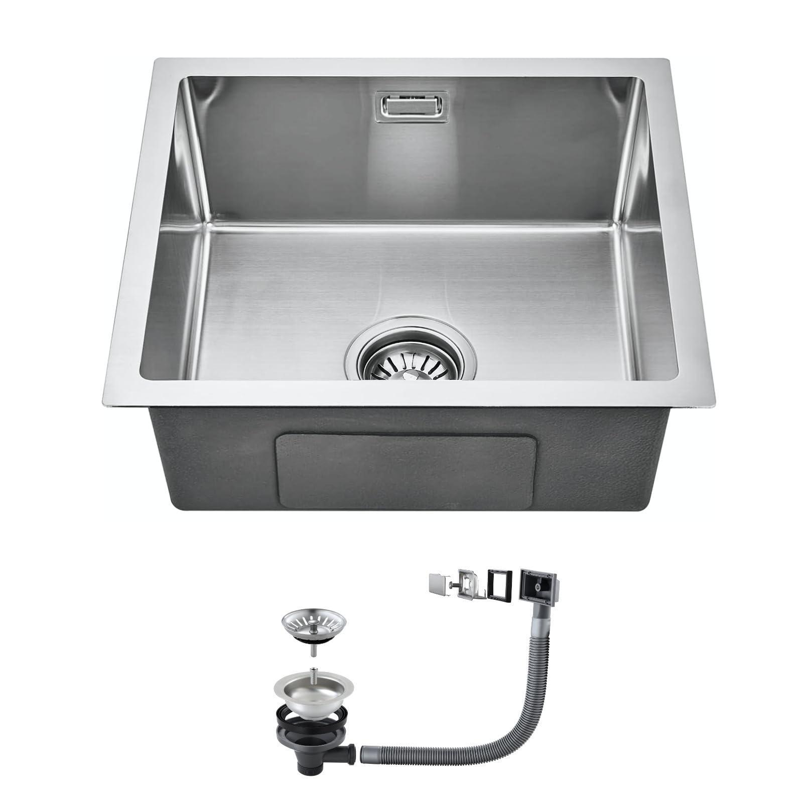 OUGOO Handmade 304 Stainless Steel Kitchen Sink, 50x45cm (Inner 45x40cm) Single Bowl Sink with Darin Waste Kit (Trap NOT Included), Under/Top/Flush-Mount, No Tap Deck, Brushed — image 1