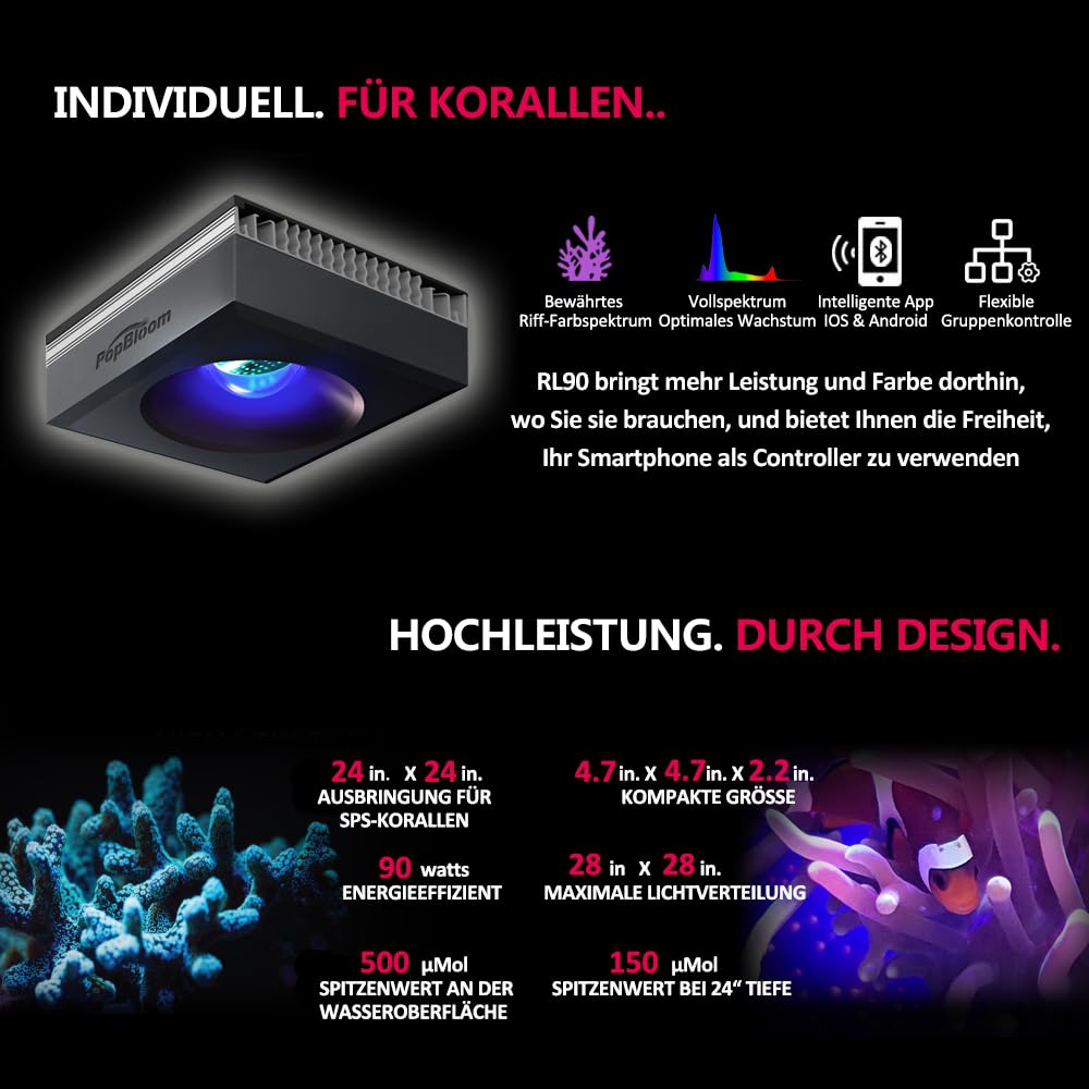 PopBloom 2 Stk. RL90 meerwasser led aquarium beleuchtung 120cm, aquarium led beleuchtung vollspektrum Marine Aquarium Riff Salzwasseraquarium