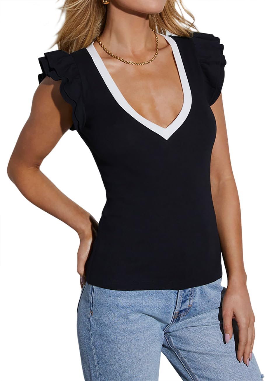 INFITTY Women's V Neck T Shirts Ruffle Sleeve Tops Dressy Sexy Sleeveless Slim Fitted Ribbed Tank Top Summer 2026 - Image 6