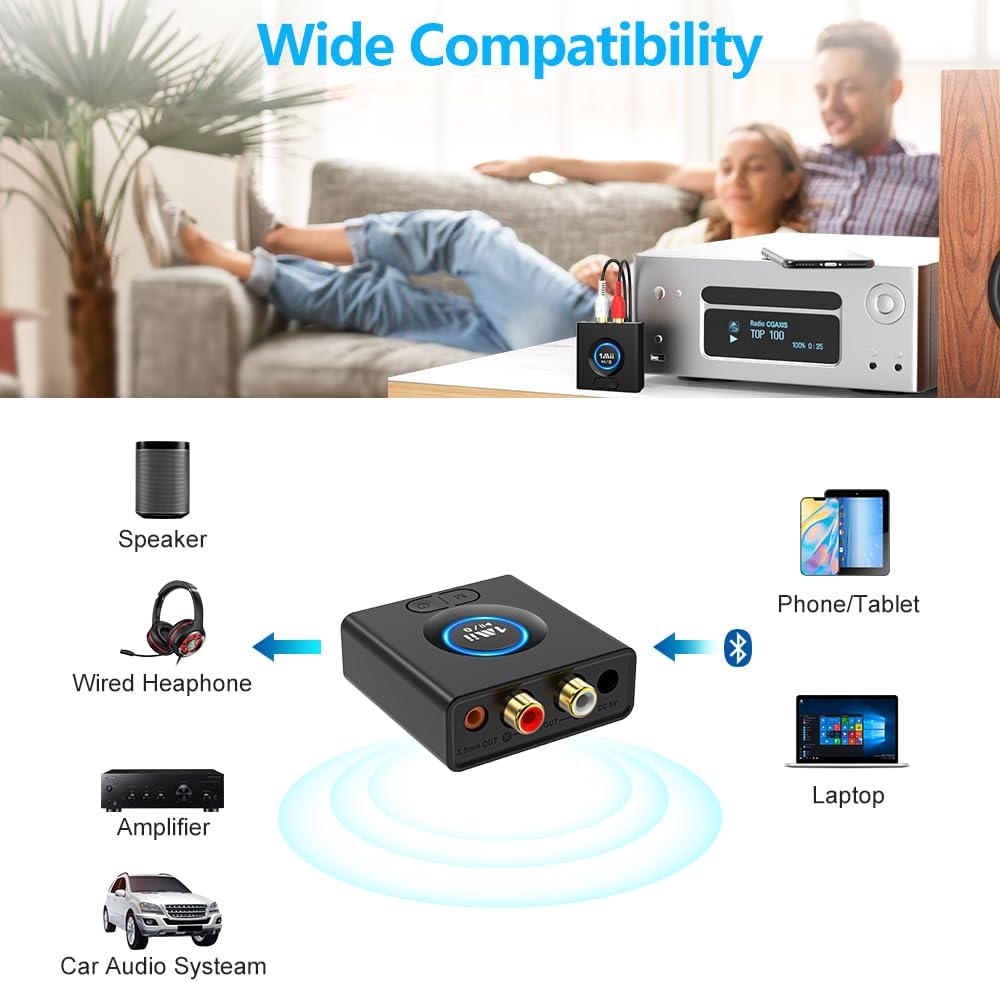 1Mii Bluetooth Receiver for Home Stereo, Wireless AUX & RCA Adapter, Dual Device Pairing, 12H Playtime, Bass Boost, Bluetooth 5.1 Audio Adapter for Home & Car