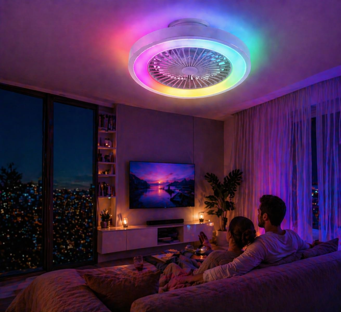 Ventilador de Techo con Luz RGB, Silencioso DC, Mando a Distancia, Lámpara Ventilador Pequeña sin Aspas, 6 Velocidades, Timer, Modo Verano/Invierno, LED 40W Regulable, para Infantil, Dormitorio