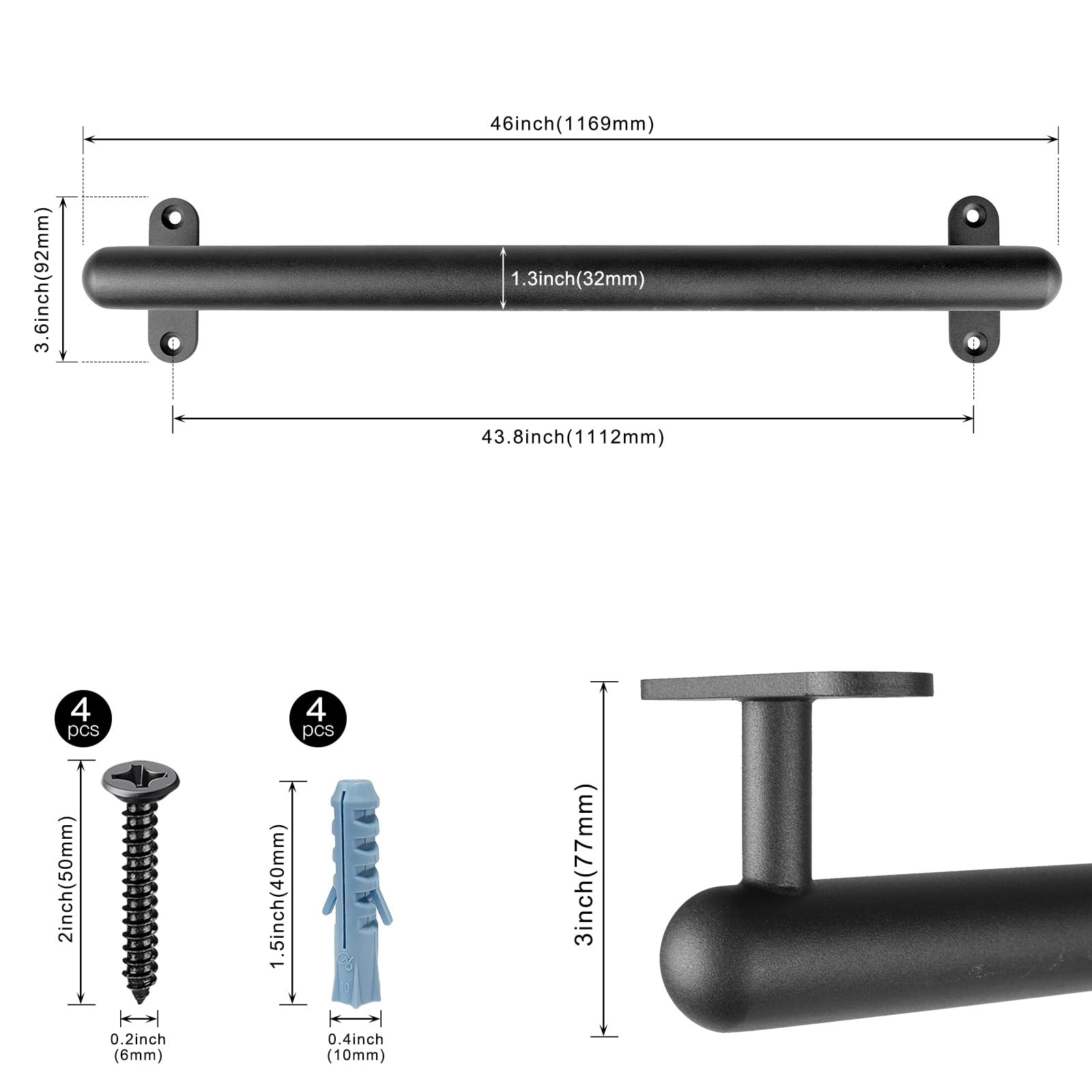 Dolibest Metalowa poręcz 117 cm, poręcz schodowa, 3,3 cm, okrągła rura, antypoślizgowy uchwyt bezpieczeństwa, montowany na ścianie, bez barier, balustrada schodowa, dla młodszych i starszych, chodnik