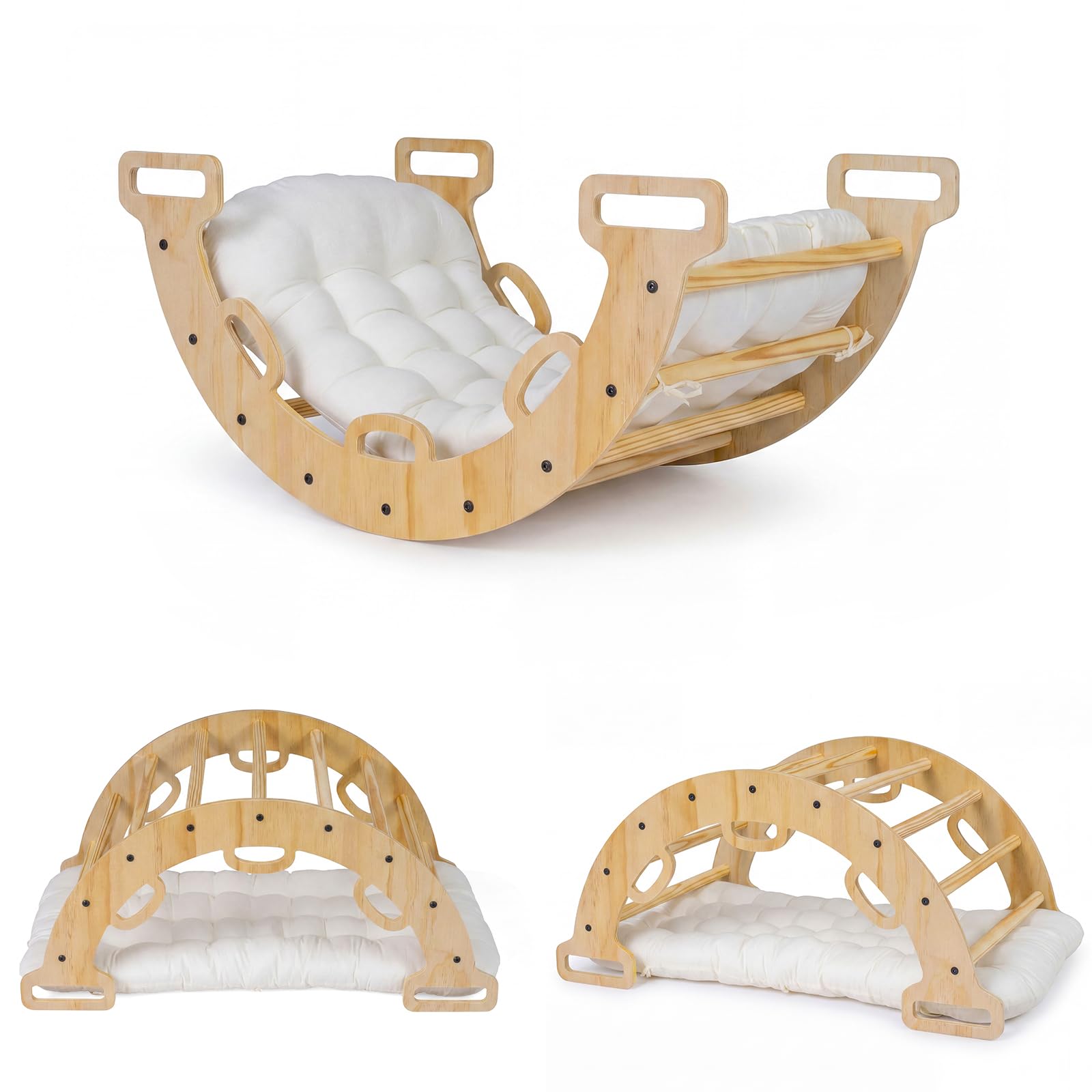 FANTASK Arco da Arrampicata 3 in 1 in Legno con Cuscino, Triangolo da Arrampicata per Interni per Dondolo, Arrampicata e Gattonare, Struttura da Arrampicata Montessori, Arcobaleno per Bambini dai 3
