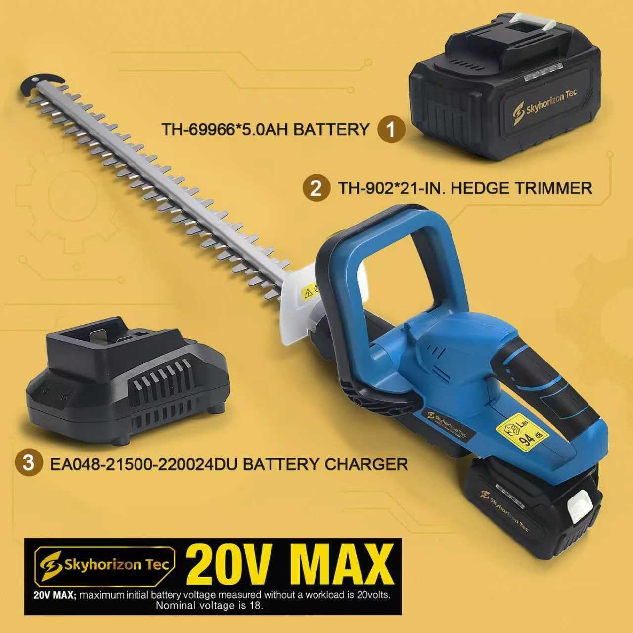 20V Max Heavy-Duty Cordless Hedge Trimmer with Brushless Motor 5.0AhBattery and 2.2ACharger, 500W, 21" Dual-Action Blade, 1600RPM, 2/3" Cut, 7.38lb·ft Torque, for Hard Wood Shrubs,Bush, GrassTrimming