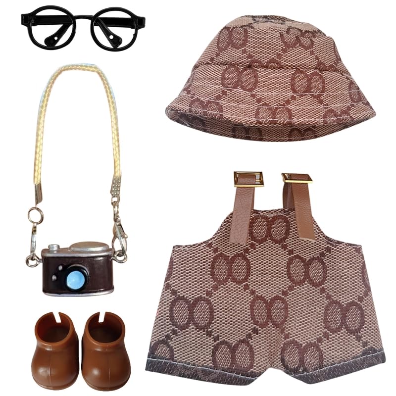 DAVBNM 5 Pcs Doll Clothes, Brown Doll Outfit Accessories Sets, Include 1 Hat 1 Overalls 1 Glasses 1 Camera 1 Shoes, for Best Gifts