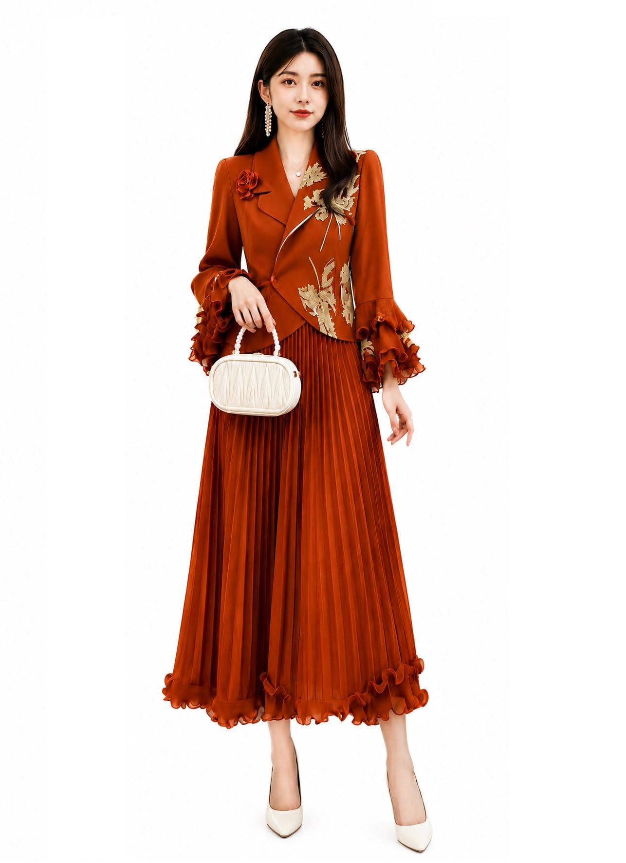 Women's Rust Orange Embroidered One-Piece Dress-image-11