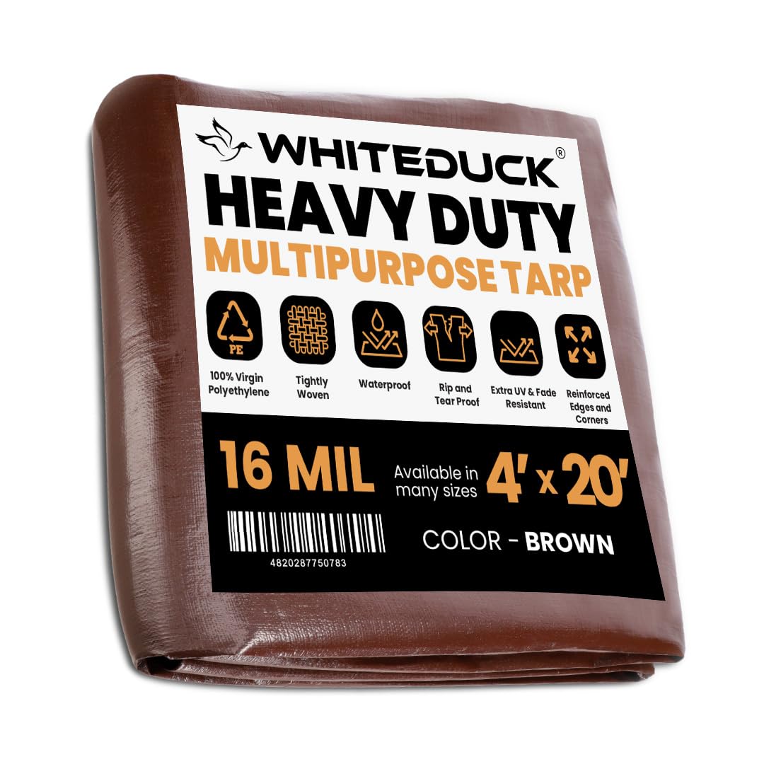 WHITEDUCK Super Heavy Duty Poly Tarp Cover 16 Mil & 10 Mil with Grommets and Reinforced Edges (Brown, White, Silver Black &Blue)