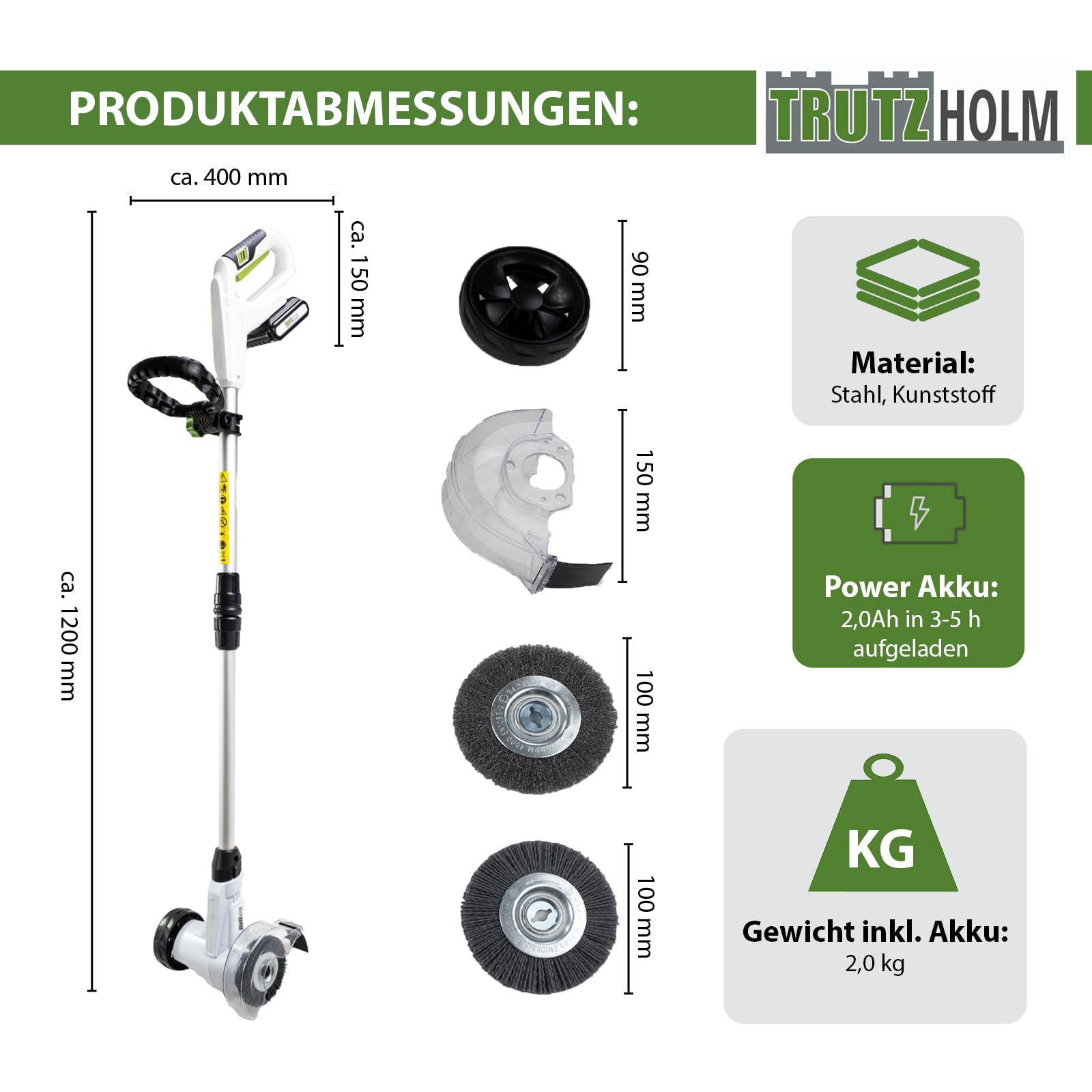 TRUTZHOLM Akku Fugenreiniger 20V inkl. 2x Akku 2.0Ah wechselbare Fugenbürsten Teleskopstiel