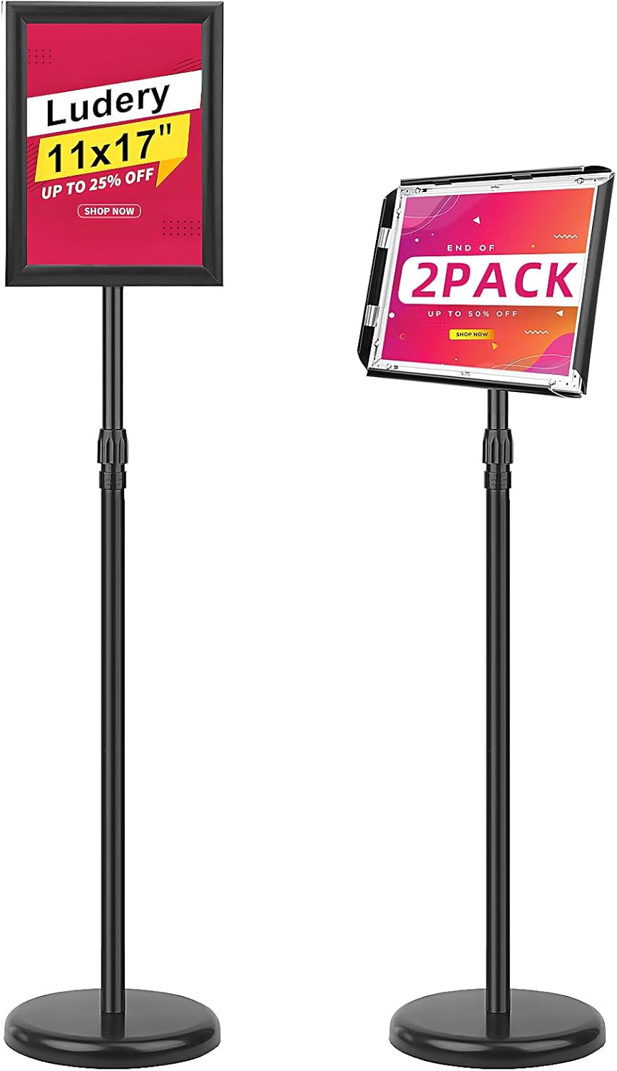 Adjustable Sign Holder Stand 11x17 inch,Pedestal Floor Signage Standing Holder with Heavy Duty Base, Aluminum Snap Open Frame Display for Business Restaurant, Mall,Schools-2 Pack 11x17"-2Pack Black