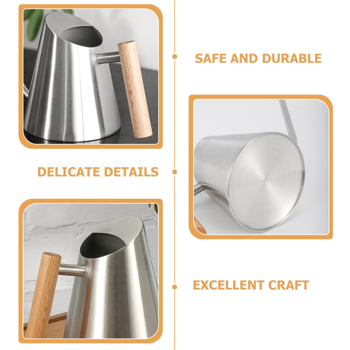 CALLARON Annaffiatoio per Piante da Interno in Acciaio Inox 900ml con Beccuccio e Manico in Legno Ergonomico, Annaffiatore Compatto per Giardino e Balcone, Vaso D'acqua Resistente