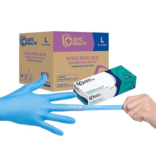 SAFE HEALTH Guantes desechables para examen de nitrilo, sin látex, sin polvo, azul, caja de 1000, grandes, texturizados, 3.5 mil, grado médico,