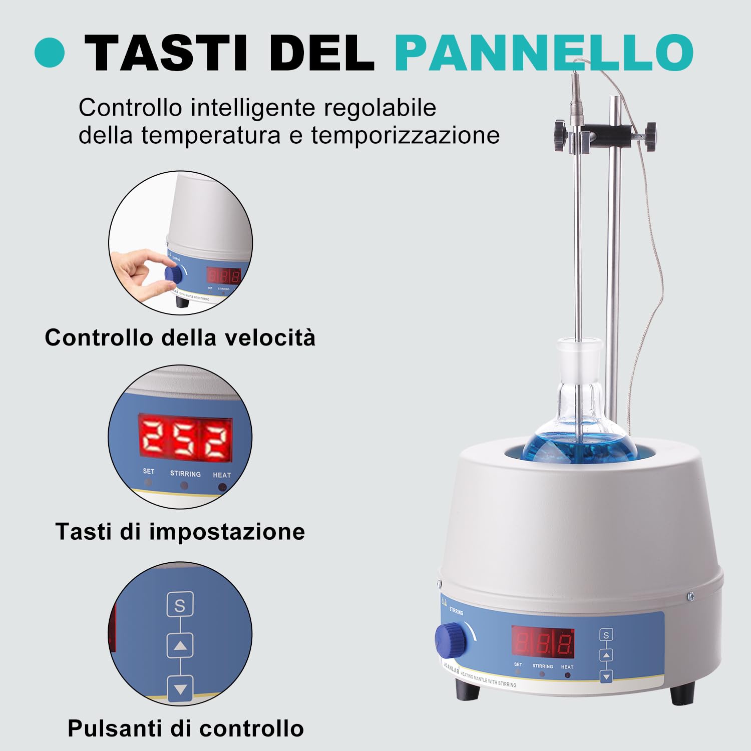 JOANLAB Mantello Riscaldante Magnetico da 1000ml, Agitatore Magnetico da Laboratorio Termostato 350W, Display Digitale, Sonda Temperatura e Timer