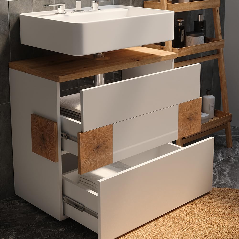 Vicco Waschbeckenunterschrank Eden, Weiß Hochglanz, 70 x 64.5 cm mit 2 Schubladen, zur Wandmontage mit Variabler Innenaufteilung