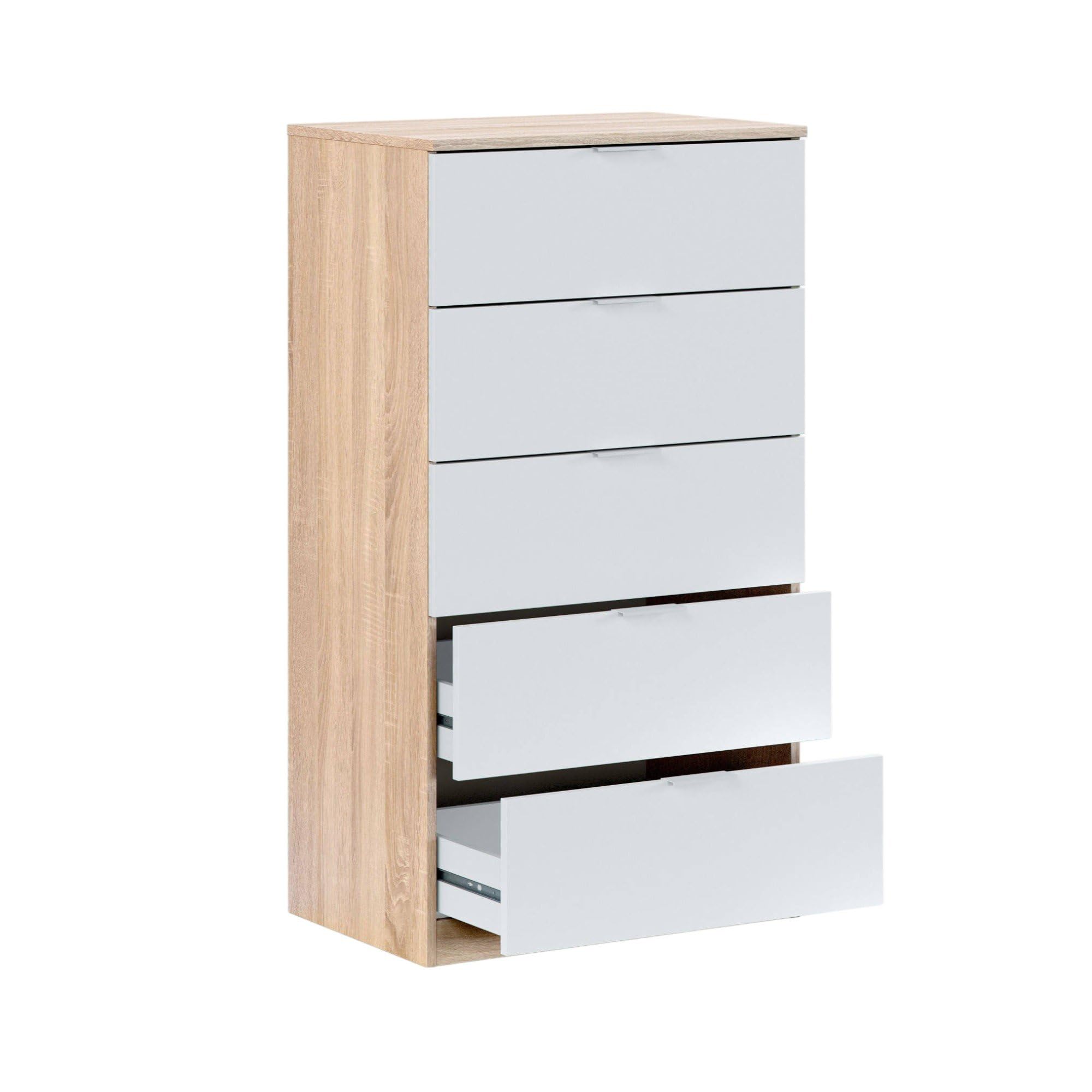 Dmora - Cassettiera Mesquite, Settimanale a 5 cassetti, Mobile Comò per camera da letto, Settimanale moderno, 60x40h110 cm, Rovere e Bianco