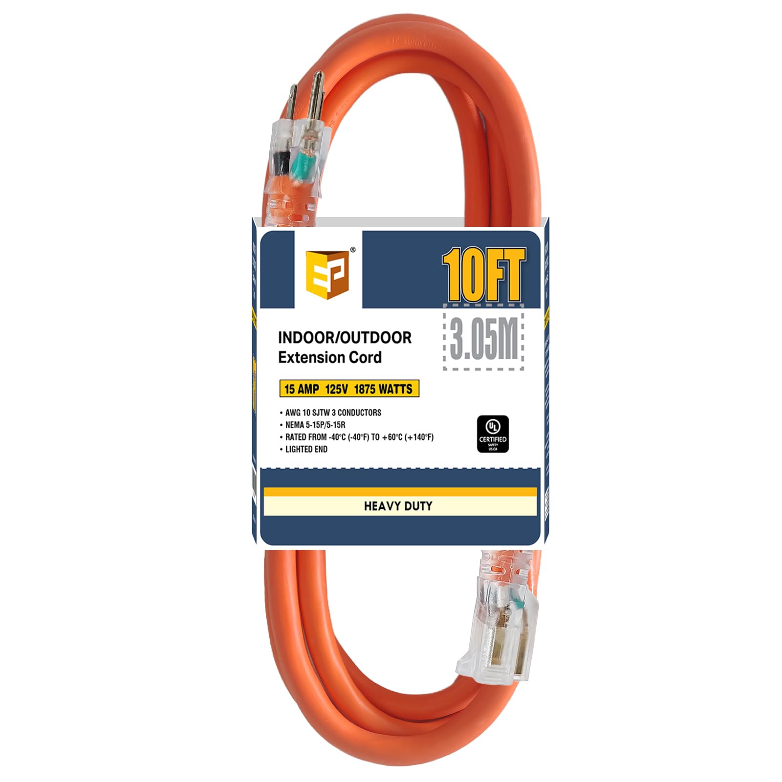 Photo 1 of EP 10 Ft Lighted Outdoor Extension Cord - 10/3 SJTW Heavy Duty Orange Extension Cable with 3 Prong Grounded Plug for Safety, UL Listed Orange 10ft