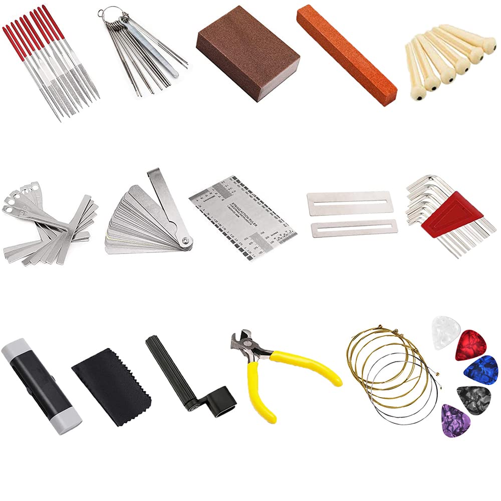 Luthier Kit d'outils de guitare 74 pièces avec sac de transport, outils de réparation et d'entretien des cordes, règle d'action des cordes, chevilles de chevalet de guitare, médiators pour