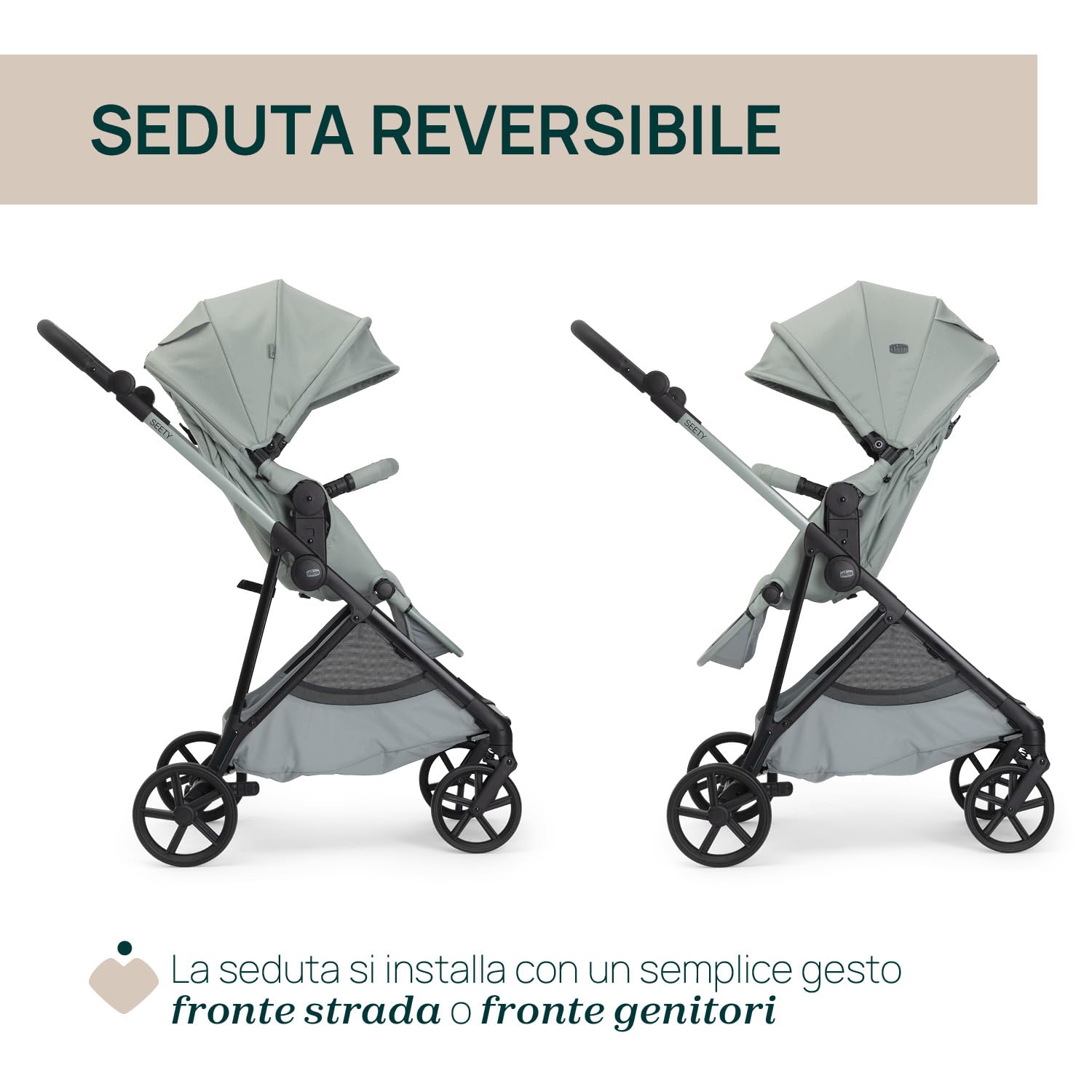 Chicco Passeggino Seety, Passeggino Leggero e Compatto Da 0 Mesi a 4 Anni, Portata Max 22kg, Passeggino Pieghevole, Schienale Reclinable,Chiusura Automatica in 1 Gesto, Capotte Parasole e Parapioggia