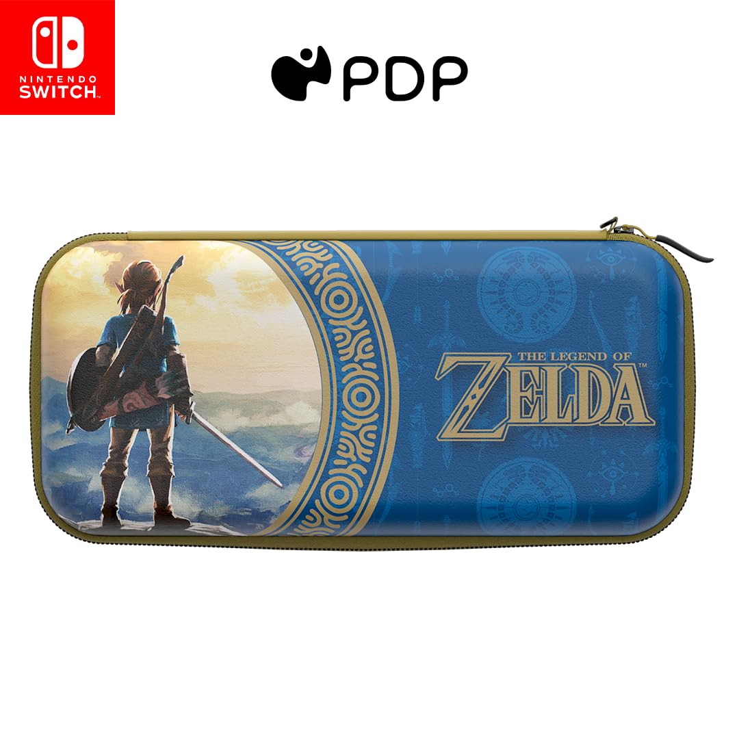 PDP Gaming Officially Licensed Nintendo Switch Slim Deluxe Travel Case - Switch OLED Protective Carrying Case and 14 game holder - Hardshell Protection - Protective Vegan Leather (Legend of Zelda - Hyrule Blue)