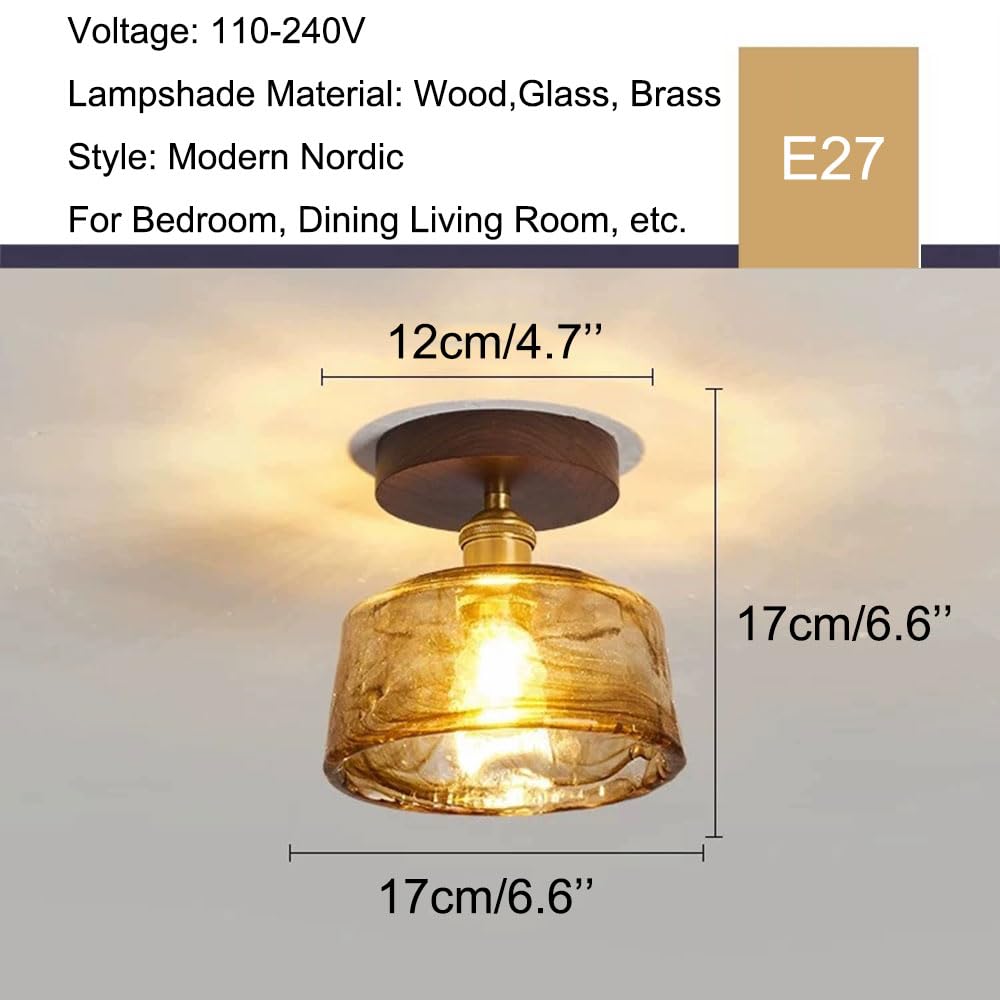 Półwpuszczana lampa sufitowa w stylu chińskim w stylu vintage z abażurem ze szkła burszowego i drewnianą ramą. Wykończenie z mosiądzu i klosz o wymiarach 16,8 cm (6,6 cala). Idealny do kuchni