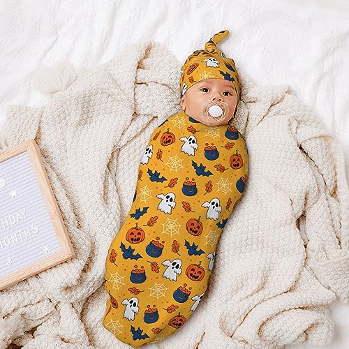 Image of Halloween Newborn Swaddle Blanket with Hat Sets Newborn Receiving Blanket for Boy Girl Swaddle Sack Shower Infant Gift