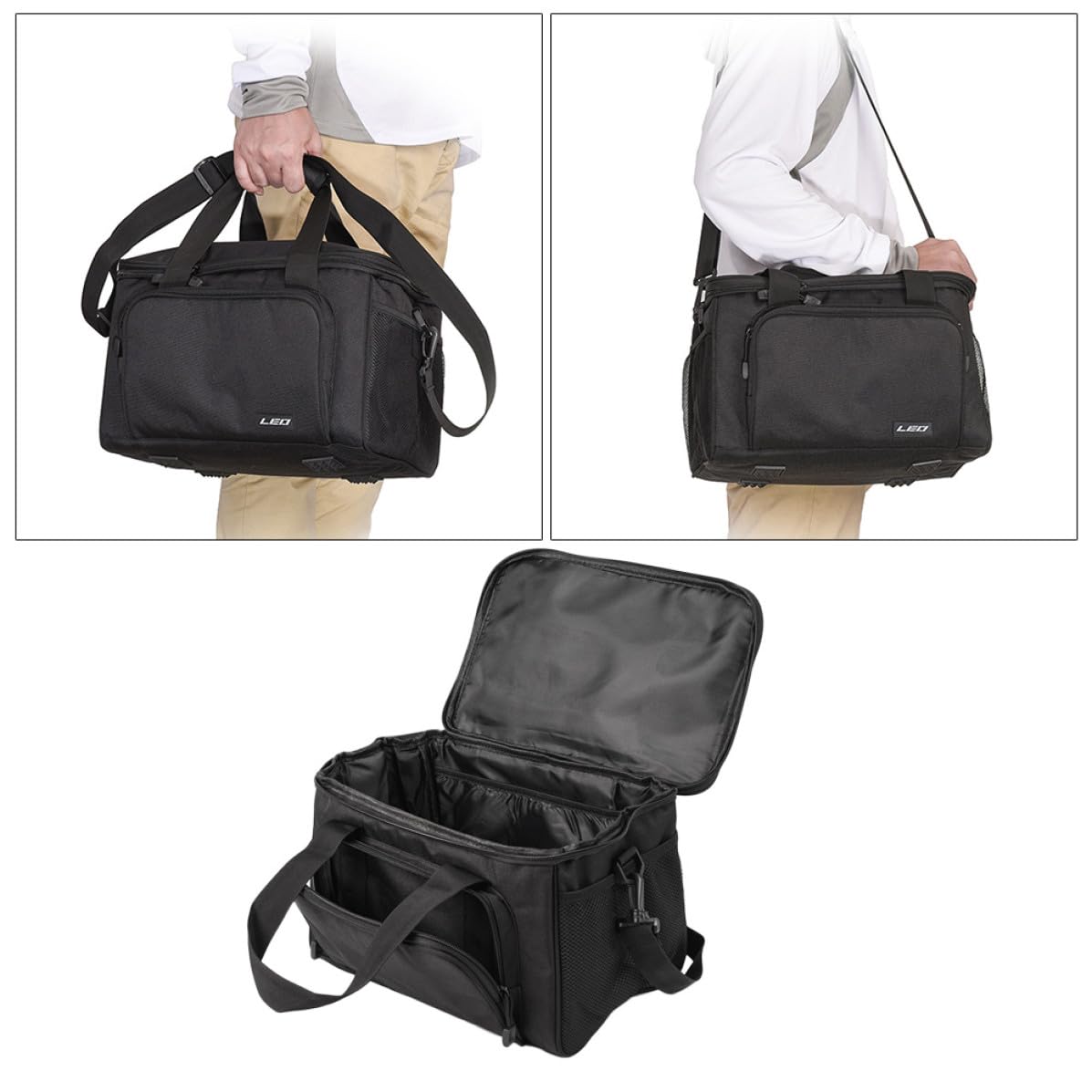 Pêche en Tissu Oxford Noir Design Multi-Poches et Coutures Renforcées, Bandoulière Ajustable pour Accessoires de Pêche en Plein Air