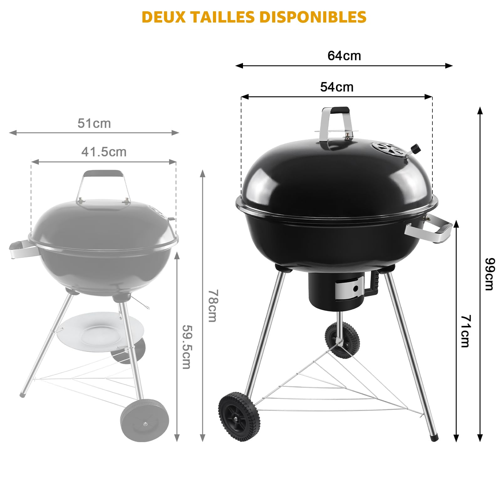 Barbecue Charbon Rond avec Couvercle et Roues - Grande taille | BBQ Portable, Pour Jardin Camping Balcon