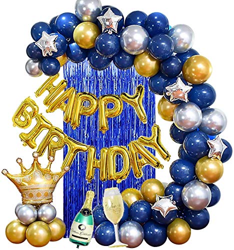 Yansion Birthday Party Decorations Blue Silver and Gold Party Balloons for Boys Friends Men Teens with Happy Birthday Banner Crown Champagne Balloons for 18th 21st 30th 40th 50th 60th 70th Party Decor