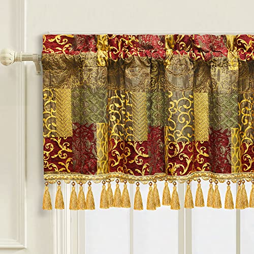 TOPLUXE Curtain Valance for Windows 137x46cm, Damask Valance with Tassels, Short Curtain for Bedroom Living Room Kitchen (Patchwork)