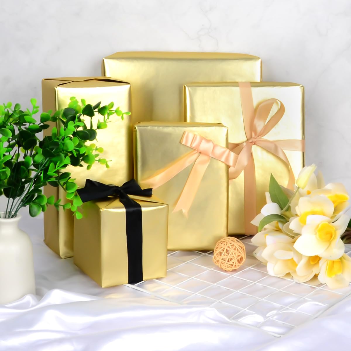 Papel de Regalo Oro, 43 cm x 10 m Papel Regalo Oro Metálico para Navidad Cumpleaños Aniversario Bodas