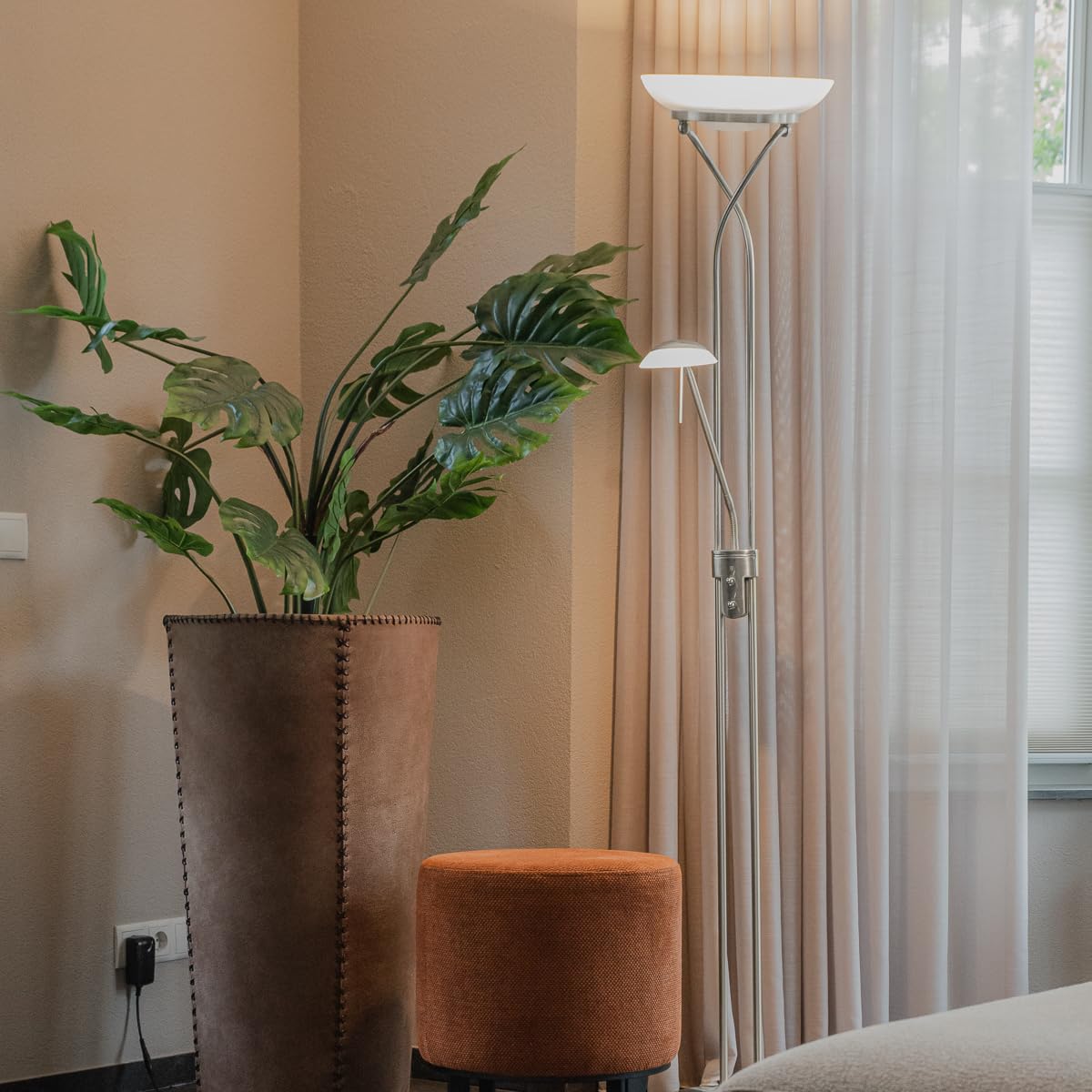 Qazqa led Modern Deckenfluter mit Lesearm, Stehleuchte, Stehlampe - Empoli - Silber Farbe, inkl. 30W integrierter LED, 2000K - 3000K, dimmbar, 2-flammig, 180cm, Ideal als Bürolampe