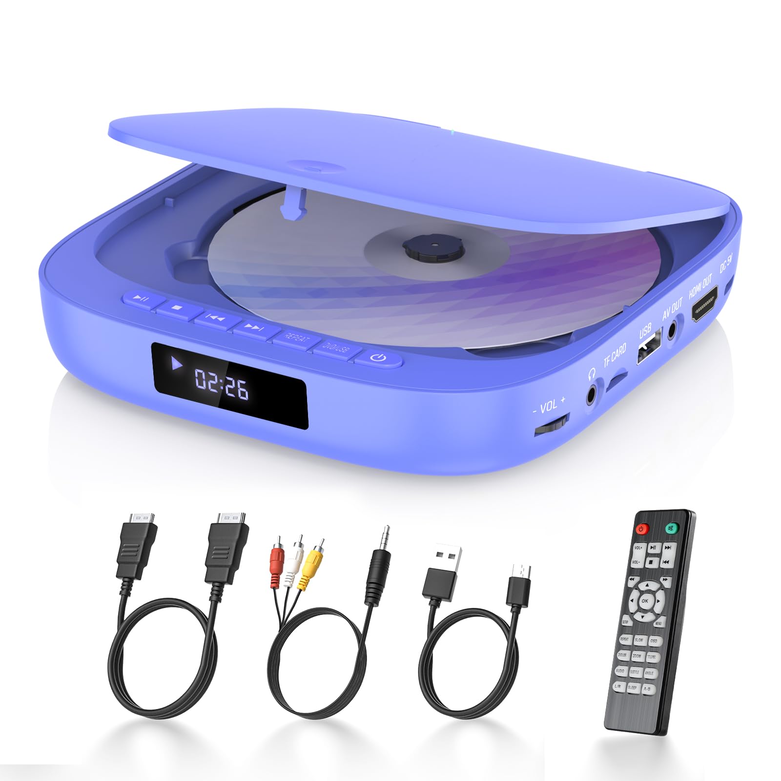 Desobry Mini Lettore DVD per TV 1080P, Lettore DVD senza regione con HDMI, incluso cavo HDMI/RCA e telecomando, Player che supporta l'ingresso USB/TF, Memoria di interruzione
