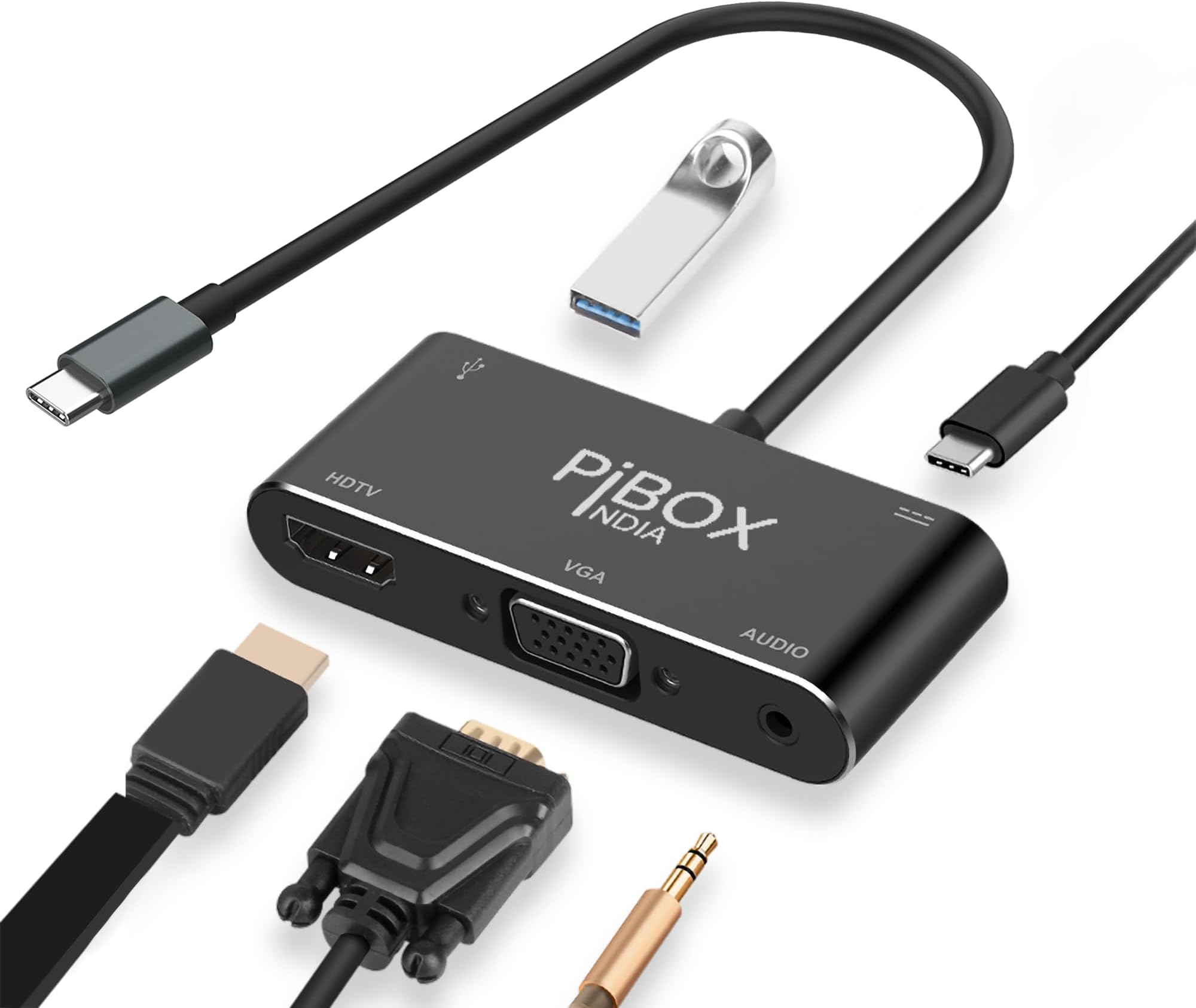 PiBOX India, USB C to HDMI VGA USB Adapter, Aluminium Type C USB hub 3. ...