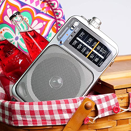Radio portátil AM/FM RF2400D plateada con 4 pilas AA y cargador miniatura 7