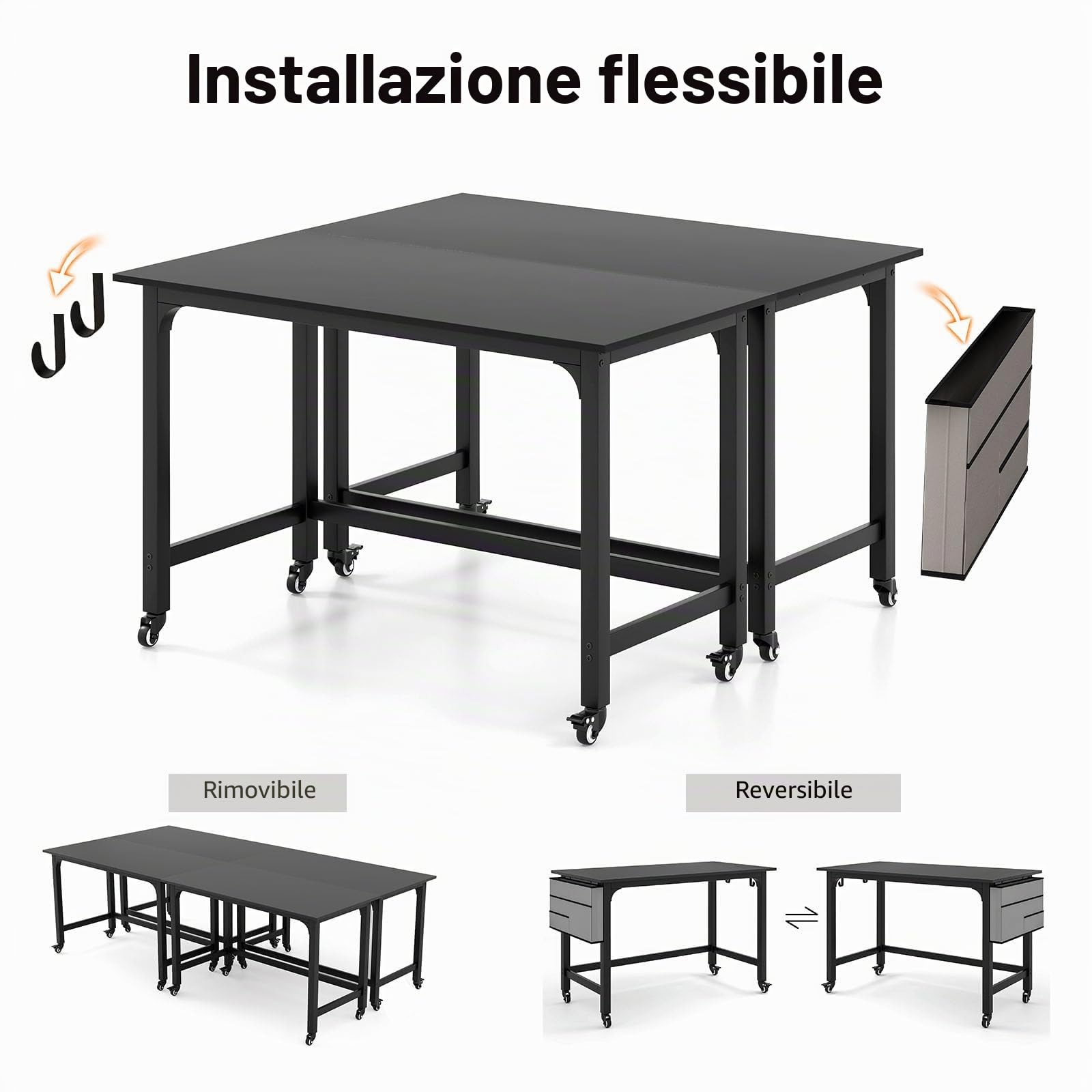 LIFEZEAL Scrivania su rotelle, scrivania per computer con telaio in metallo, tavolo per laptop con gancio e tasca laterale, tavolo da lavoro per camera da letto, studio, 120 x 60 cm (nero)