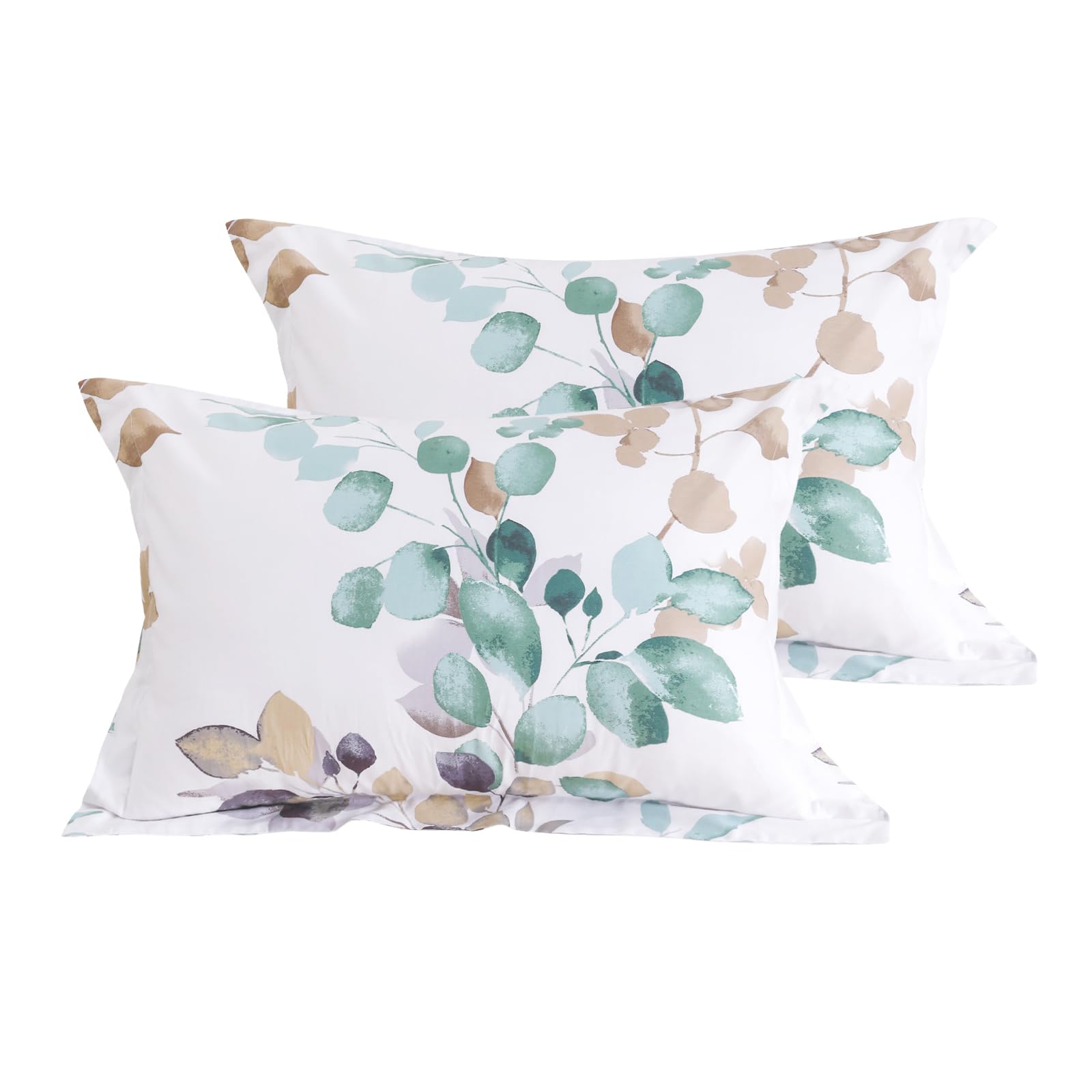 QSH 100% Cotton Floral Pillow Cases Standard Size Set of 2, Teal Blue Leaves Botanical Print Pattern Bedding Pillow Shams Standard Size, Envelope Closure Standard Pillow Covers Standard, 20x26