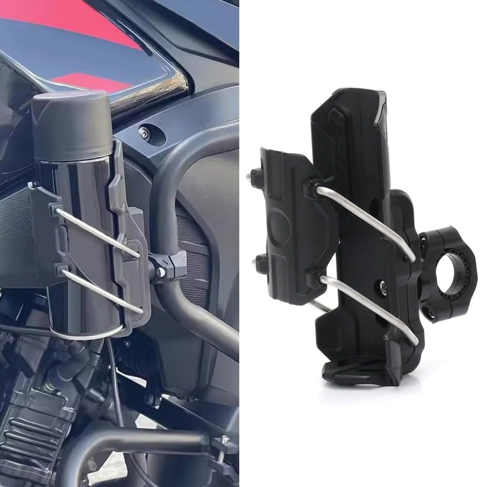 Universal Cup Holder for 32-77mm Diameter Kettle,Automatically Adjust Size Water Bottles Cage Beverage Drink Holder Bumper Bar Mount for 22-32mm Rod Fits for R1300GS R1250GS ZX-6R MT-09 (Black)