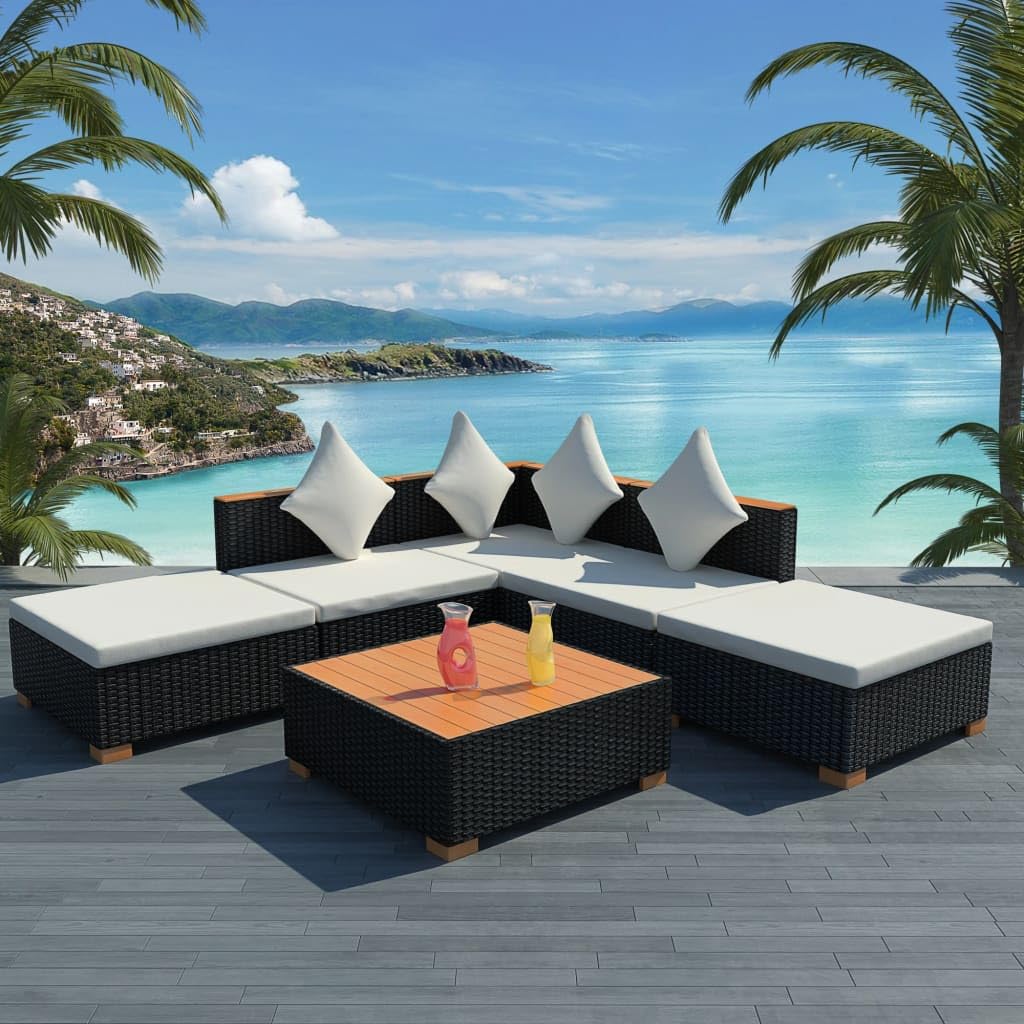 Ensemble Salon de Jardin 6 Pieces canape rotin résine tressée Noir Coussins Blanc Creme mobilier Exterieur avec Table Basse WPC modulable Jardin terrasse