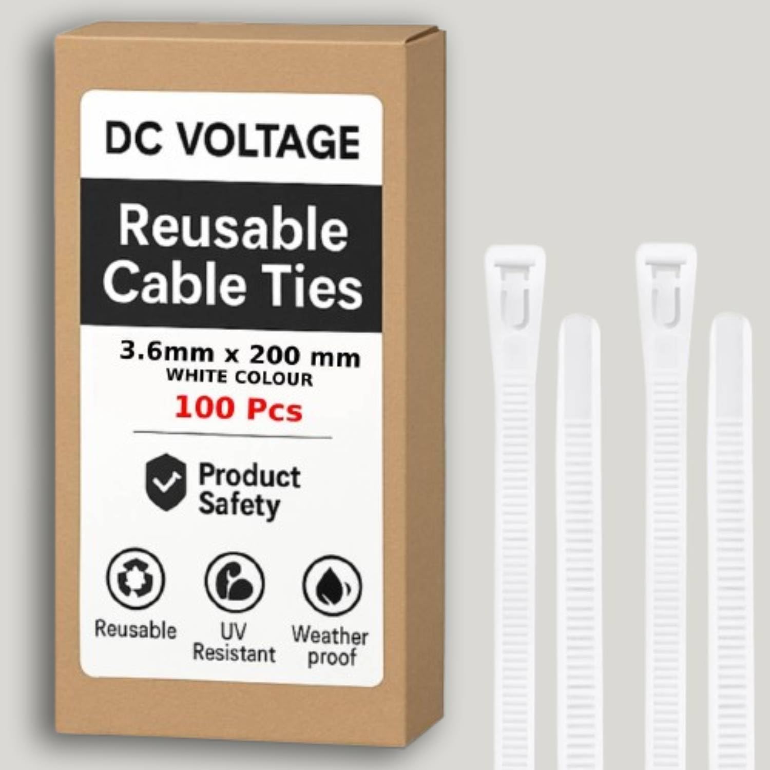 Dc Voltage 3.6 X 200Mm White 100 Pcs Reusable White Cable Ties, 200Mm X 3.6Mm, 8" Plastic Tie Wraps Heavyduty Releasable Strong Nylon Zip Ties For Home Office Garage And Workshop (3.6 X 200 Mm -White)