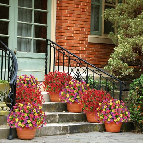 Image of Bassion 16 Bundles Artificial Flowers for Outdoors Fake Flowers, Red | UV resistant, silk flowers, realistic faux plants for outdoor planter, window box porch patio garden home outside decor