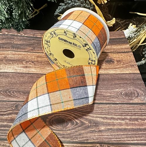 Image of Fall Plaid Wired Edge Ribbon - 2 1 /2 inch x 10 Yards, Orange, Beige, Black, Autumn Decor, Halloween, Thanksgiving, Christmas Wreath, Farmhouse Decoration, Garland, Gifts, Wreath, Bows