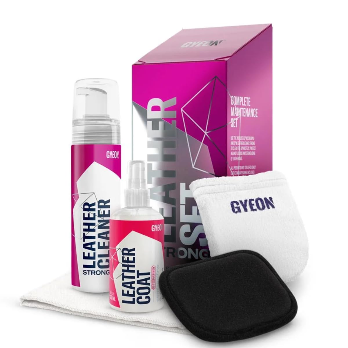 Gyeon Lederpflege Set Q2M Leather Set Strong, Lederpflege Set Stark - Lederreiniger + Lederpflege + Leder Scrubpad+ Mikrofasertuch + Mikrofaser Applikator für Auto & Haushalt (Leather Set Stark)