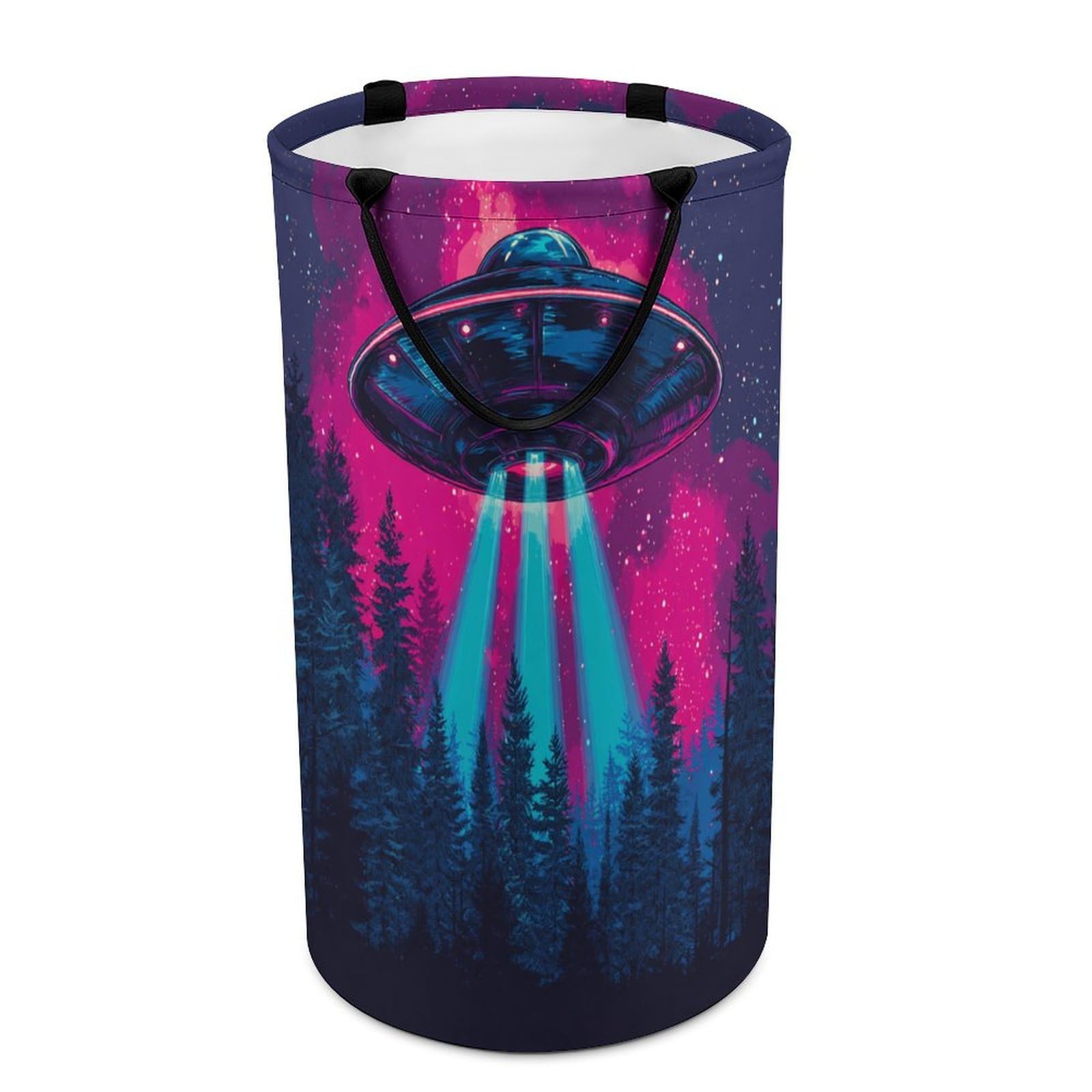 LUYYSKY Beautiful Rustic Funny Spaceship Collapsible Dirty Clothes Basket, Modern Abstract Starry Sky Galaxy Pine Forest UFO Portable Clothes Storage Basket