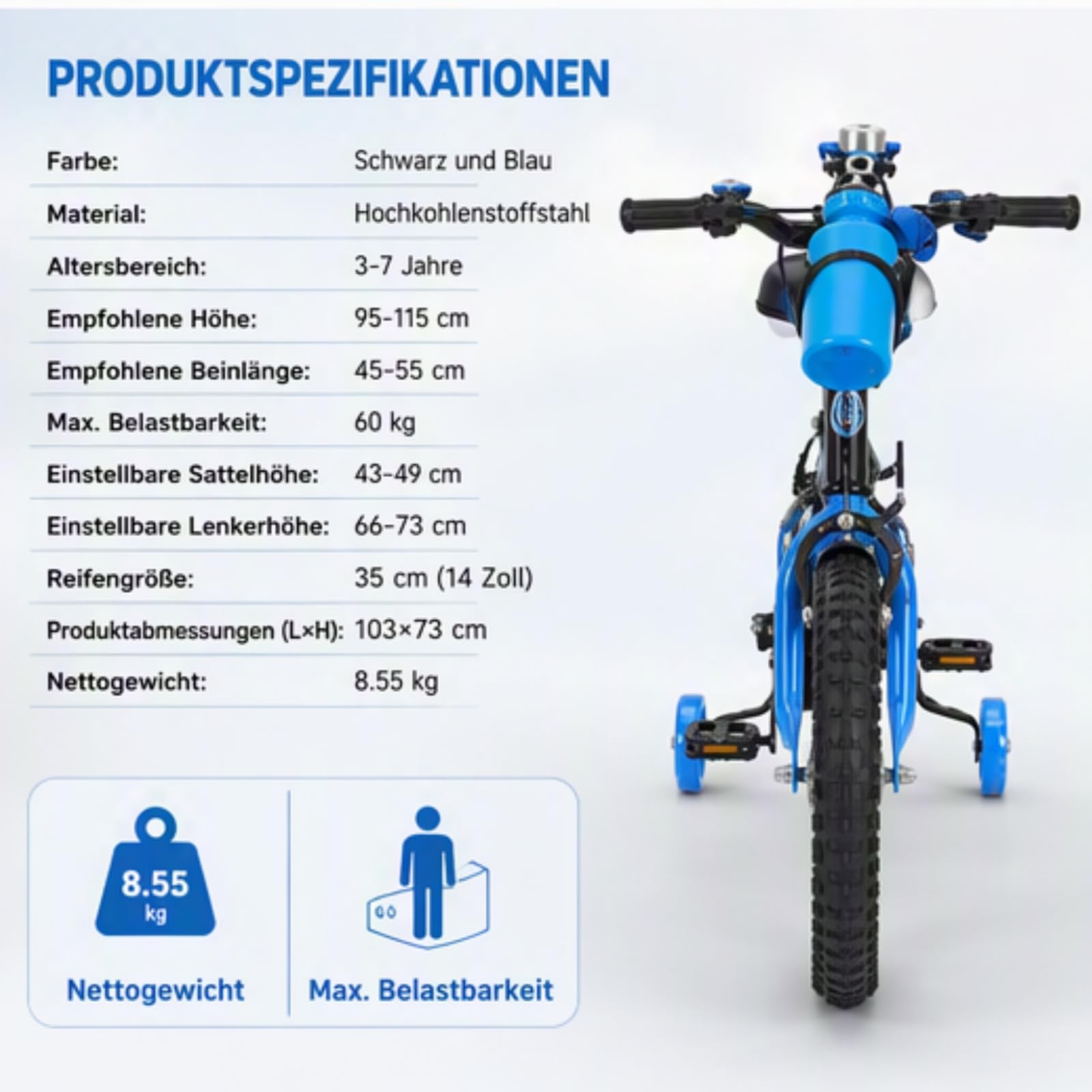 kinderfahrrad lenkerhöhe WSIKGHU 14 Zoll für ab 3-7 Jahre Jungen & Mädchen, Upgraded Blau Kinder Fahrrad mit Stützrädern, Höhenverstellbar Kinderfahrräder mit Schutzblech und Trinkflasche für Outdoor Reiten Sport & Freizeit Final Gear Ratio:4 ANTHYTA Fahrrad Anhängerkupplung Fahrradanhänger Fam_Lvl_4: Ständer