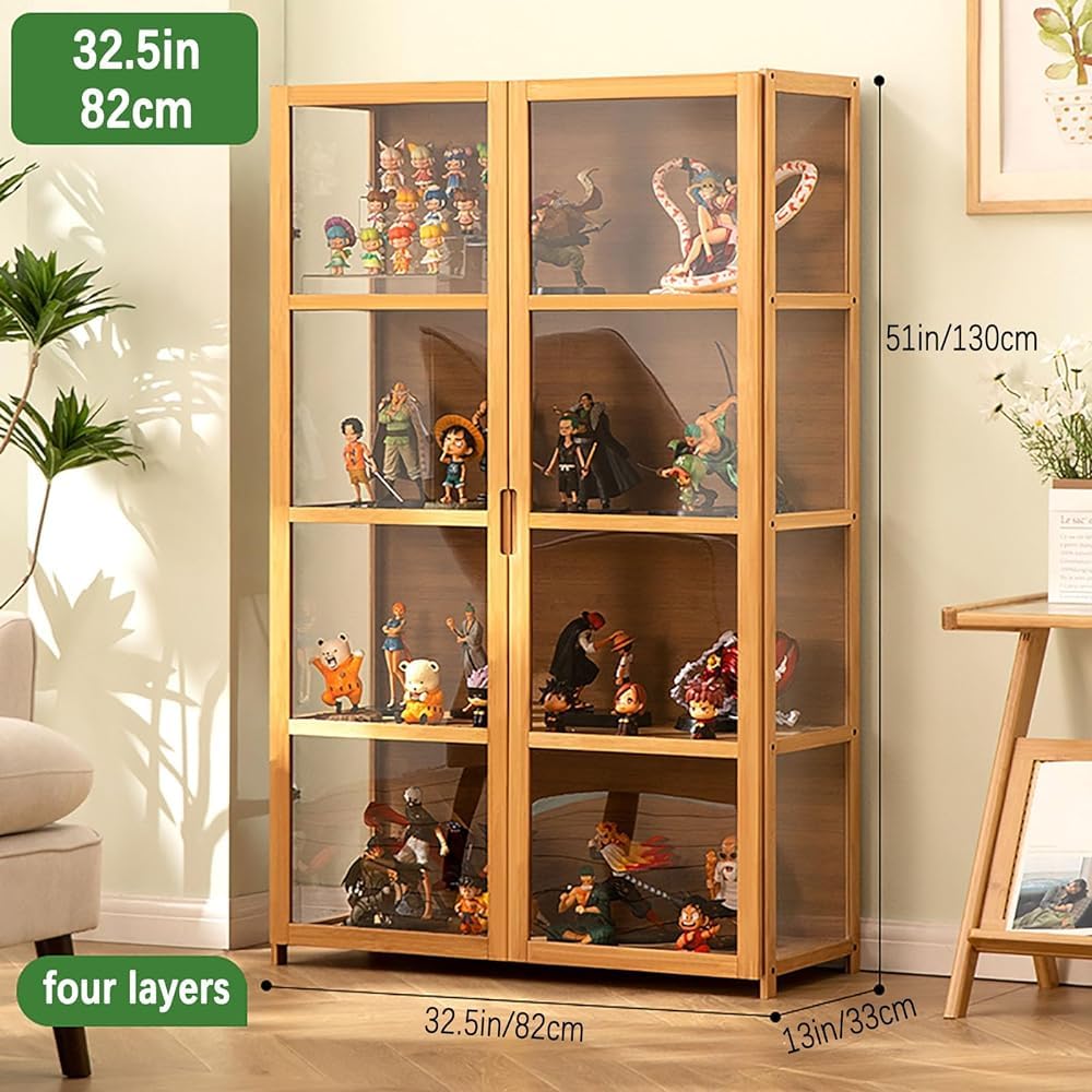 Armadietti curio con ante in vetro vetrina, vetrina curio con telaio in bambù naturale, design sicuro e sano a doppia porta per un comodo sgabello (dimensioni: 32,5 N/82 cm/5F, colore: bianco)