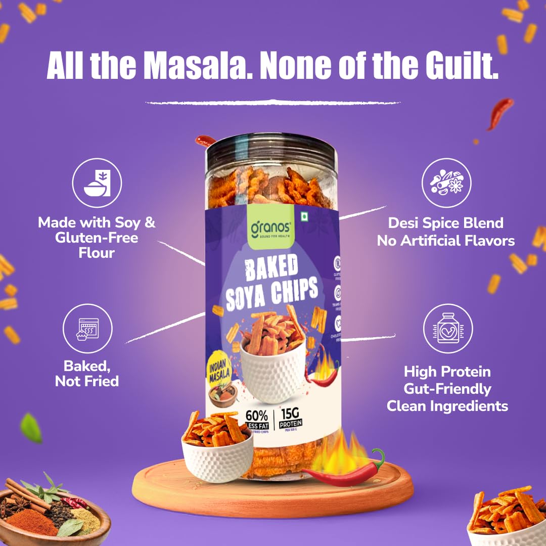 Granos Baked Indian Masala Soya Chips 200gm, Healthy & Crunchy Snack, Indian Masala Flavour, High Protein, Gluten Free Chips, 100% Vegan, No Preservatives, High Dietary Fiber & Nutrient, Pack of 2 - Image 3 thumbnail